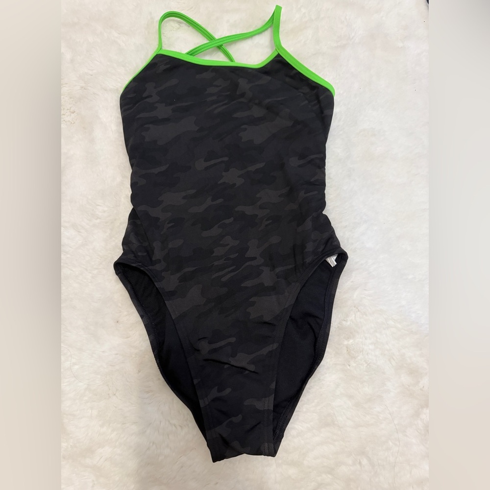 TYR Black Swimsuit with Neon Green Trim